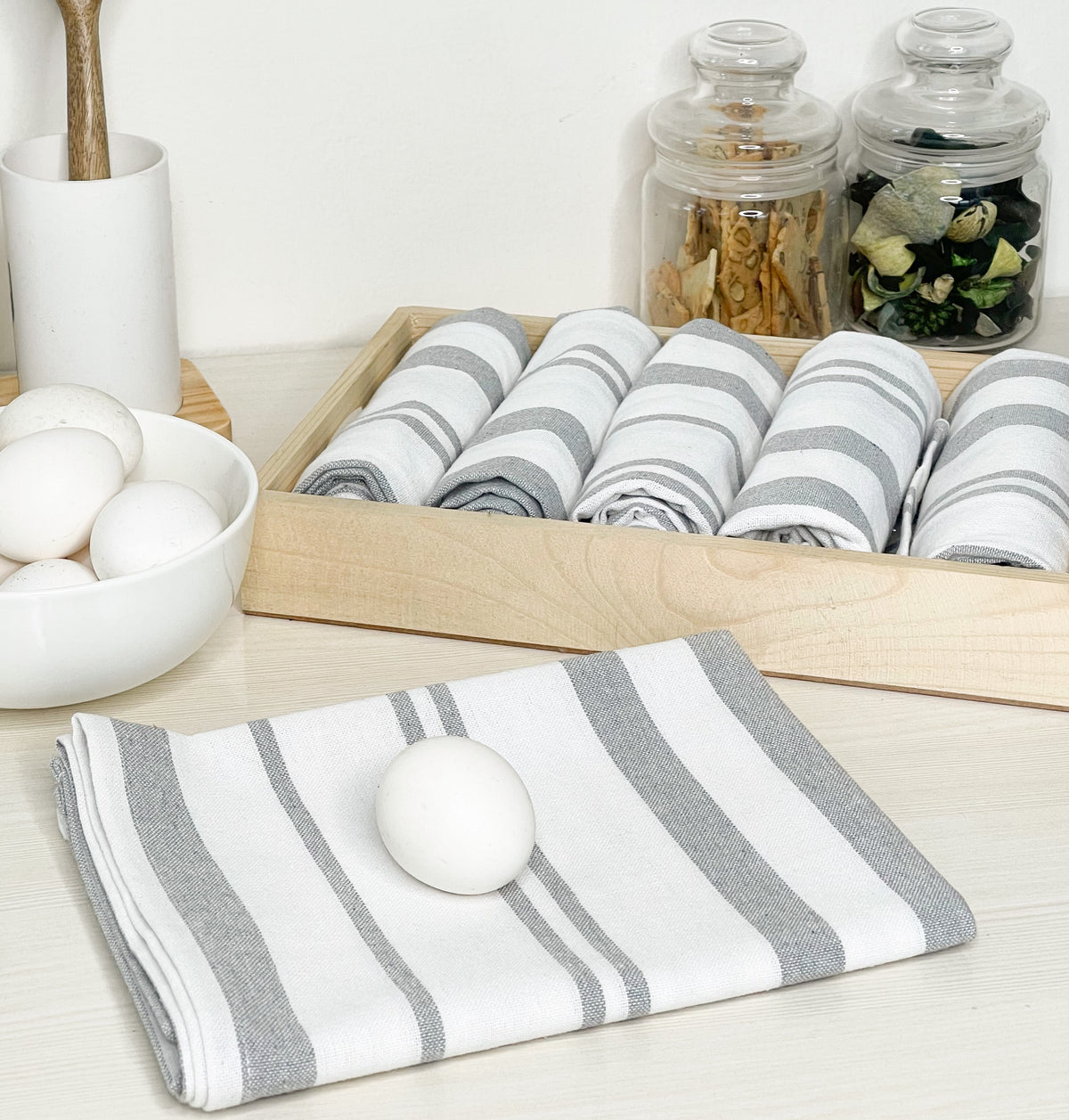 KITCHEN TOWEL SET OF 6 STRIPES, 18''x28'', GREY-WHITE
