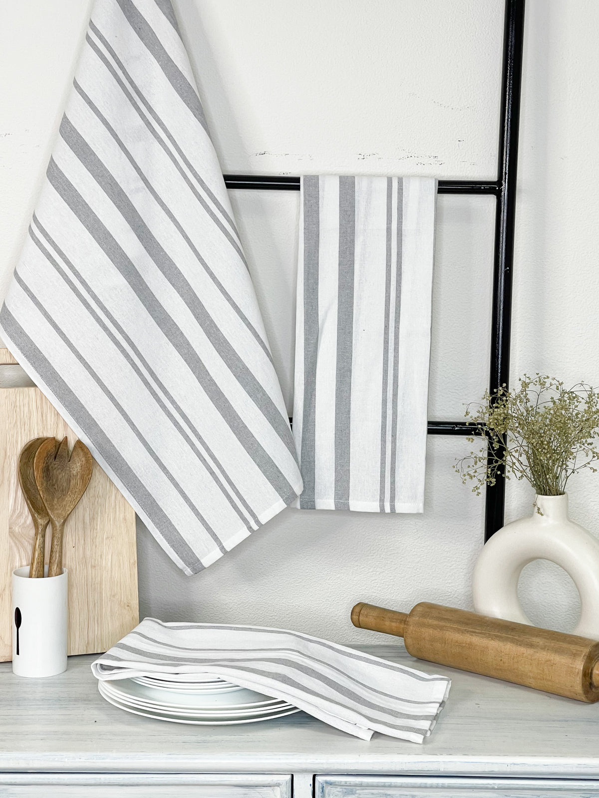 KITCHEN TOWEL SET OF 6 STRIPES, 18''x28'', GREY-WHITE