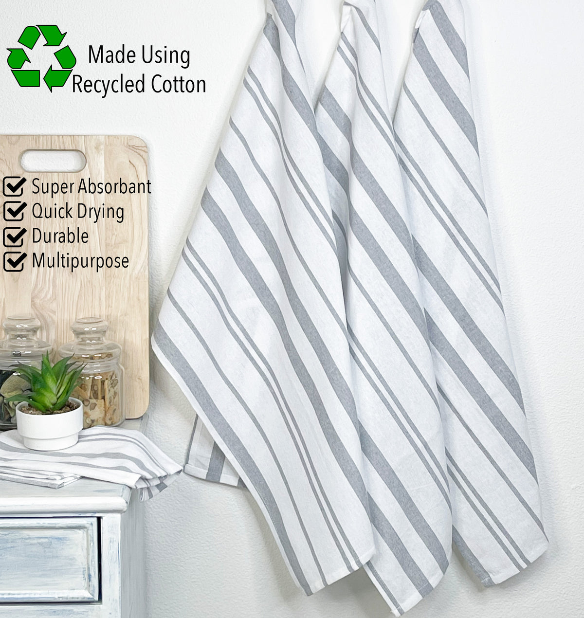 KITCHEN TOWEL SET OF 6 STRIPES, 18''x28'', GREY-WHITE