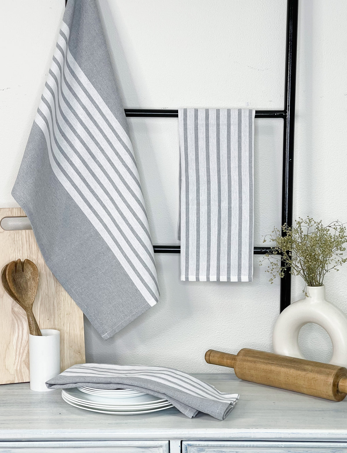 KITCHEN TOWEL SET OF 6 CENTER STRIPES, 18''x28'', GREY-WHITE