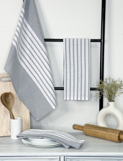 KITCHEN TOWEL SET OF 6 CENTER STRIPES, 18''x28'', GREY-WHITE