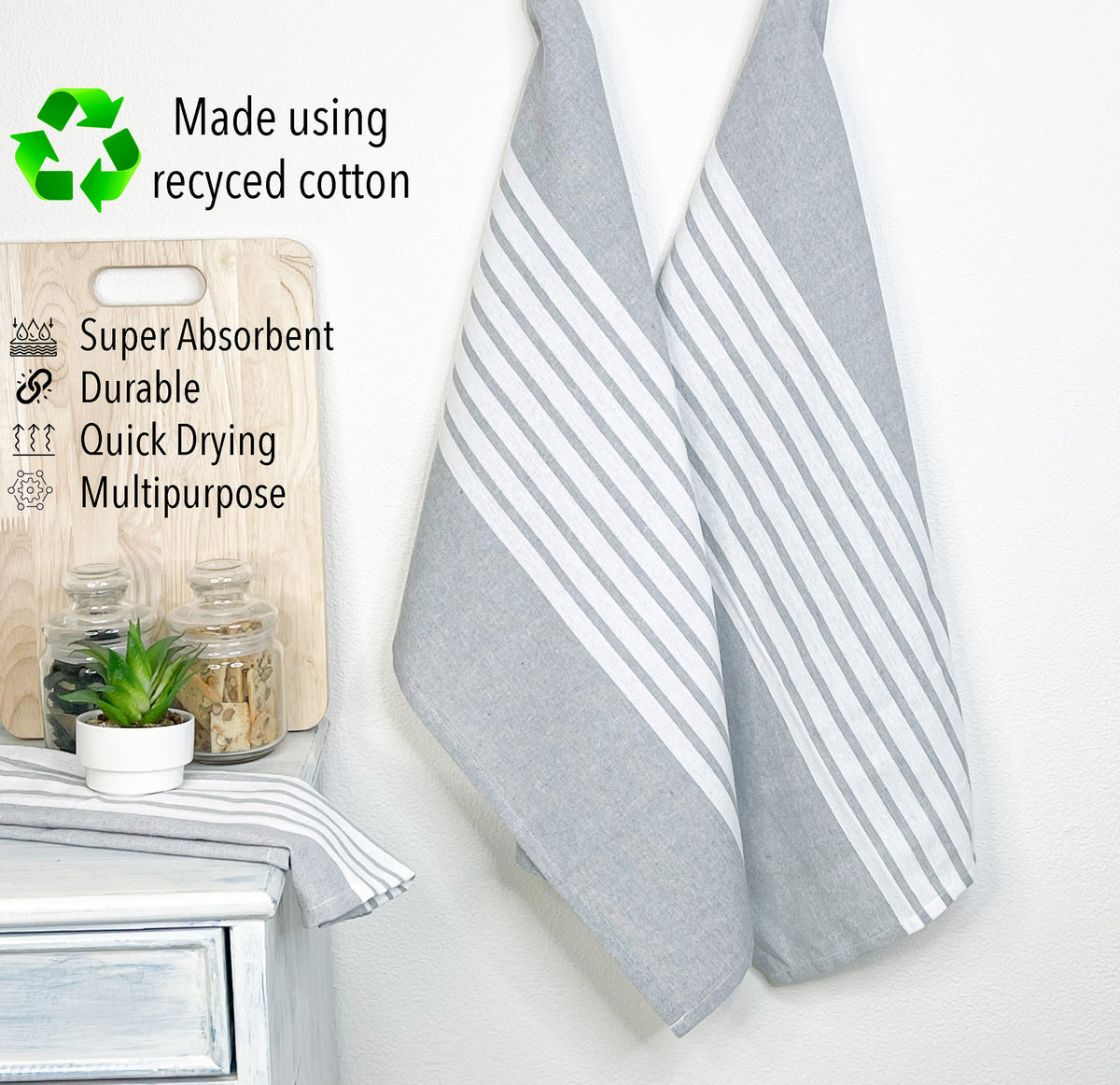 KITCHEN TOWEL SET OF 6 CENTER STRIPES, 18''x28'', GREY-WHITE