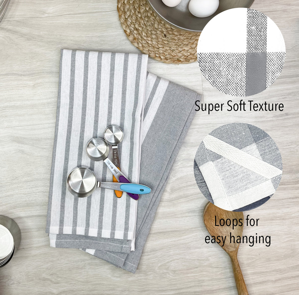 KITCHEN TOWEL SET OF 6 CENTER STRIPES, 18''x28'', GREY-WHITE