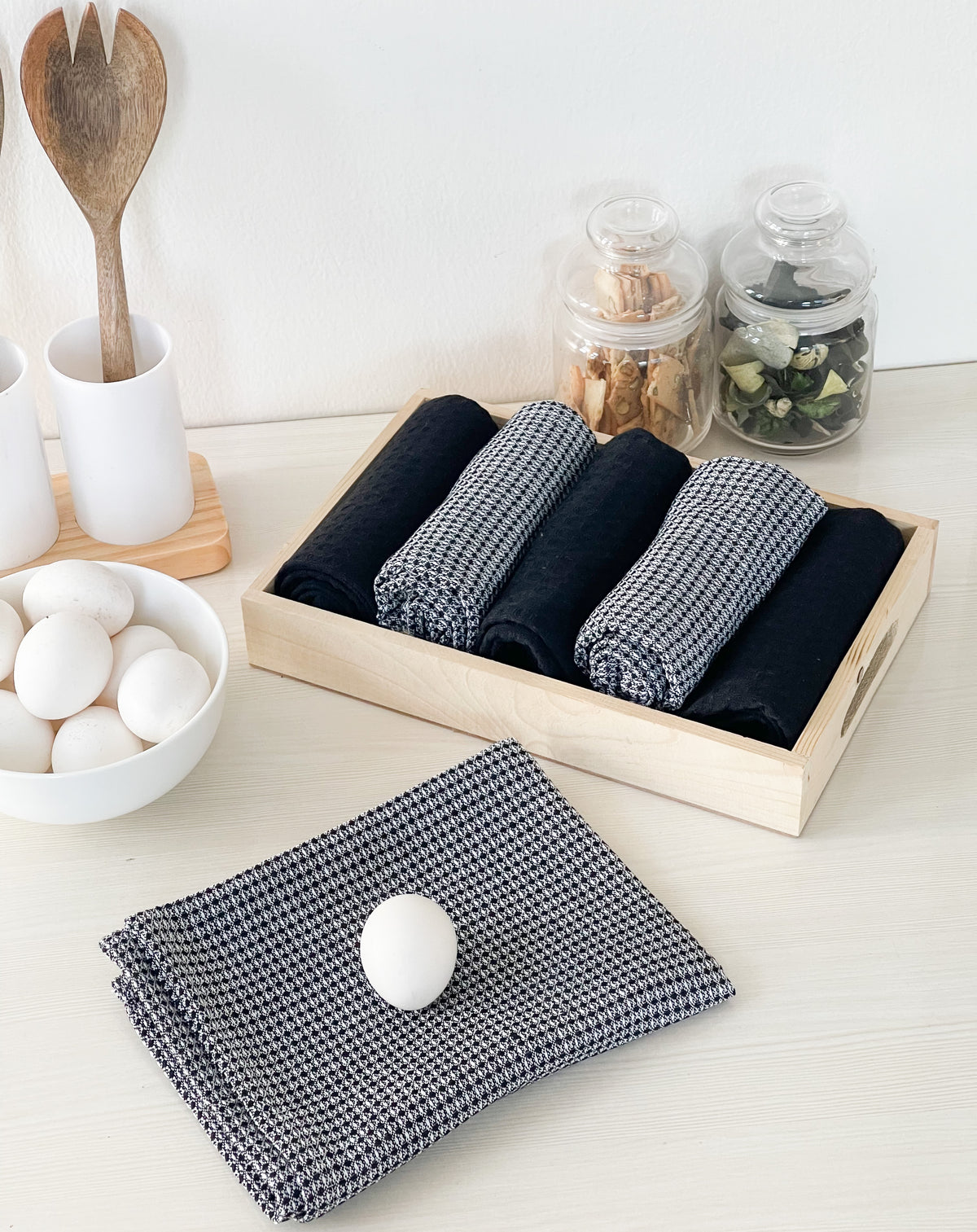 WAFFLE KITCHEN TOWELS SET OF 6, Black, 18''x28''