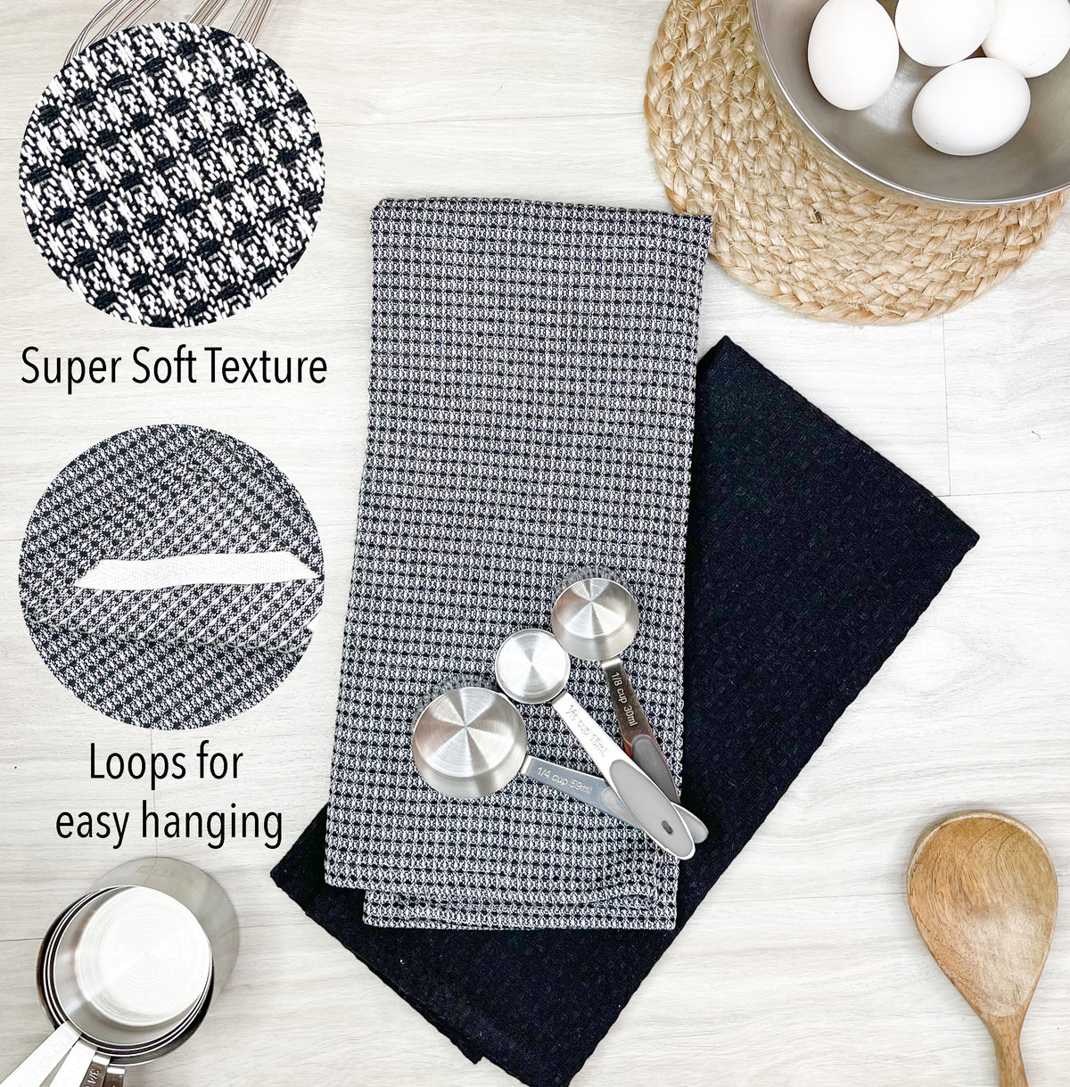 WAFFLE KITCHEN TOWELS SET OF 6, Black, 18''x28''