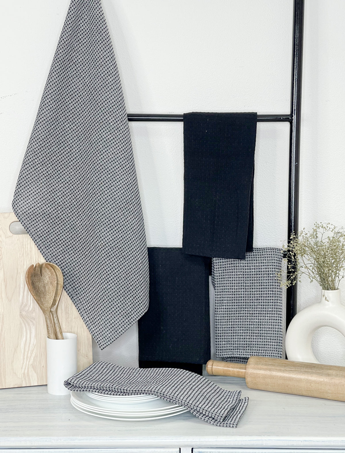 WAFFLE KITCHEN TOWELS SET OF 6, Black, 18''x28''