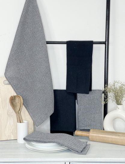 WAFFLE KITCHEN TOWELS SET OF 6, Black, 18''x28''