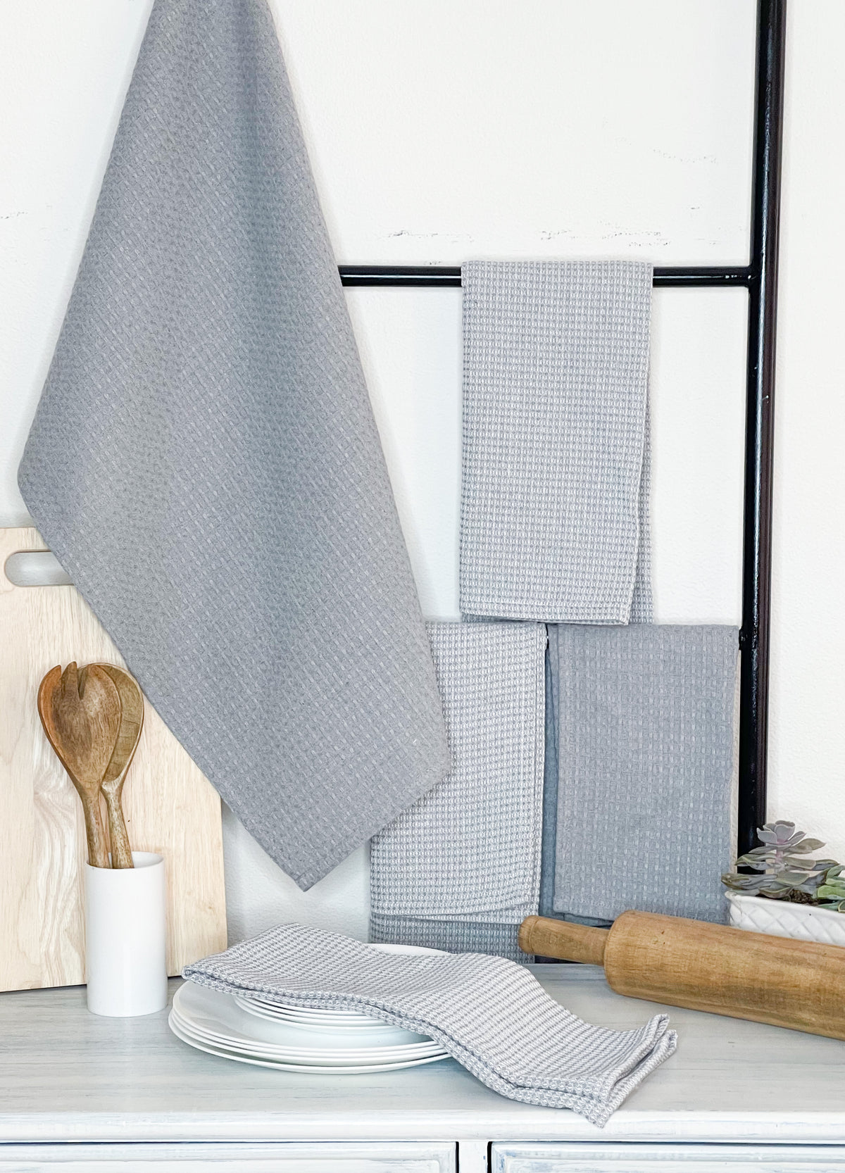 WAFFLE KITCHEN TOWELS SET OF 6, Grey, 18''x28''
