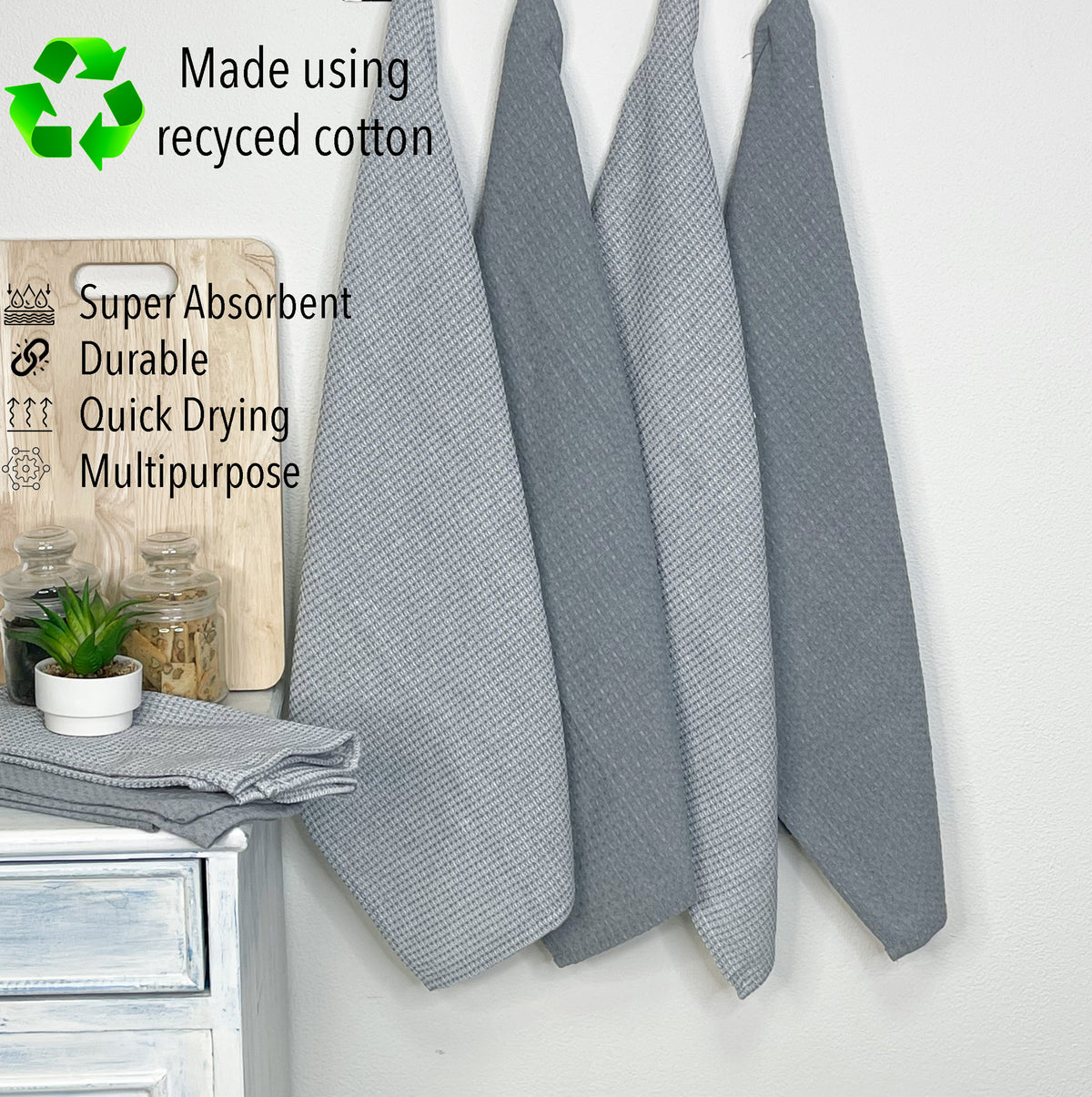 WAFFLE KITCHEN TOWELS SET OF 6, Grey, 18''x28''