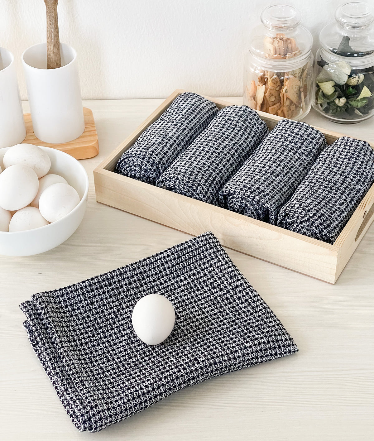 WAFFLE KITCHEN TOWELS SET OF 6, 18''x28'', Black-White