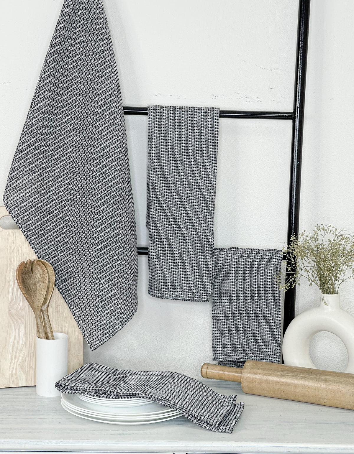 WAFFLE KITCHEN TOWELS SET OF 6, 18''x28'', Black-White