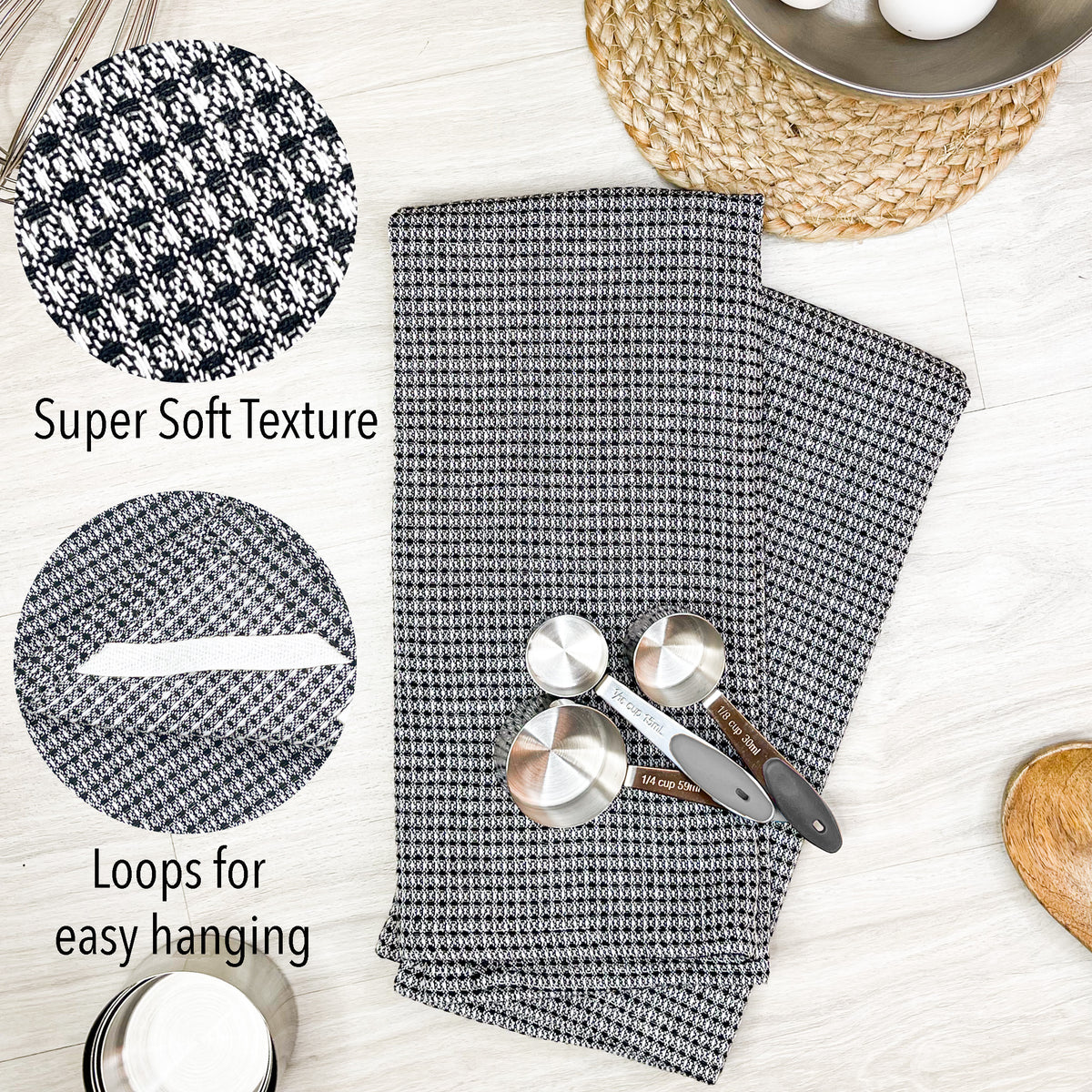 WAFFLE KITCHEN TOWELS SET OF 6, 18''x28'', Black-White