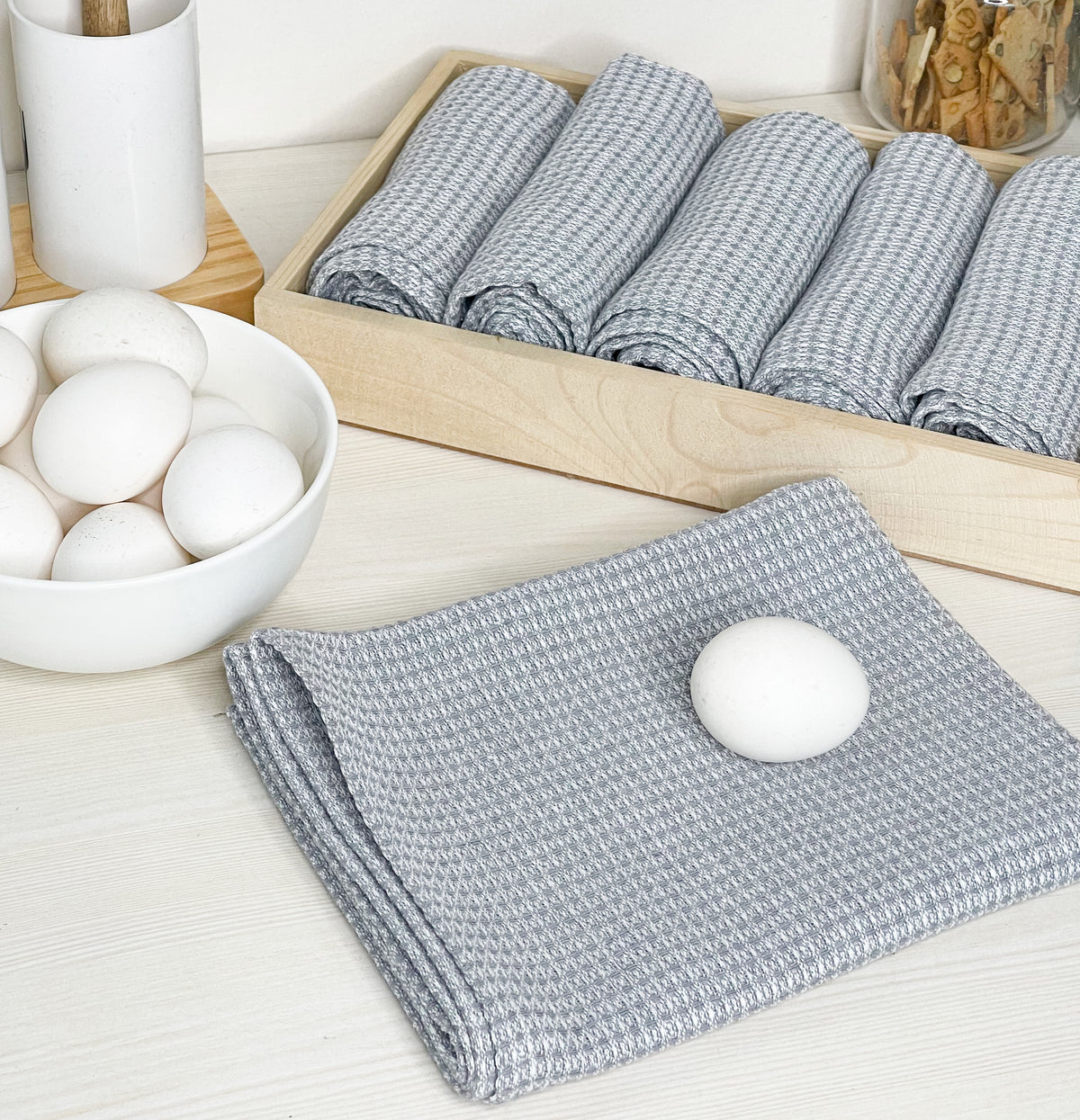 WAFFLE KITCHEN TOWELS SET OF 6, 18''x28'', Grey-White