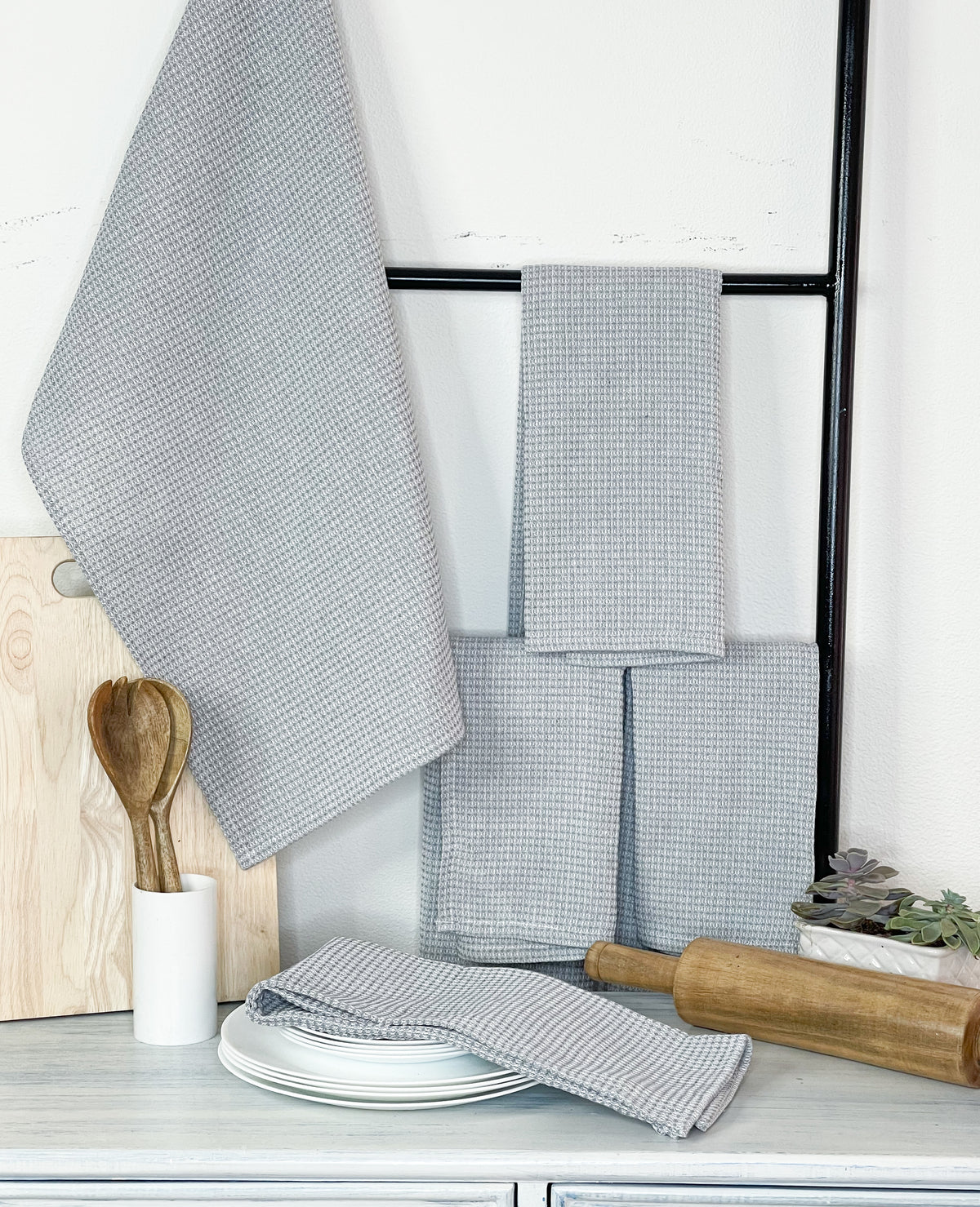 WAFFLE KITCHEN TOWELS SET OF 6, 18''x28'', Grey-White