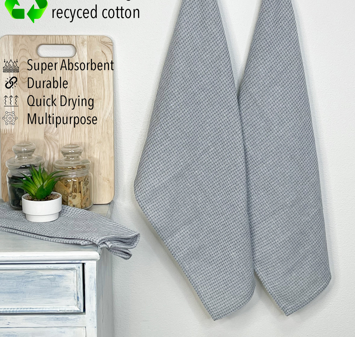 WAFFLE KITCHEN TOWELS SET OF 6, 18''x28'', Grey-White