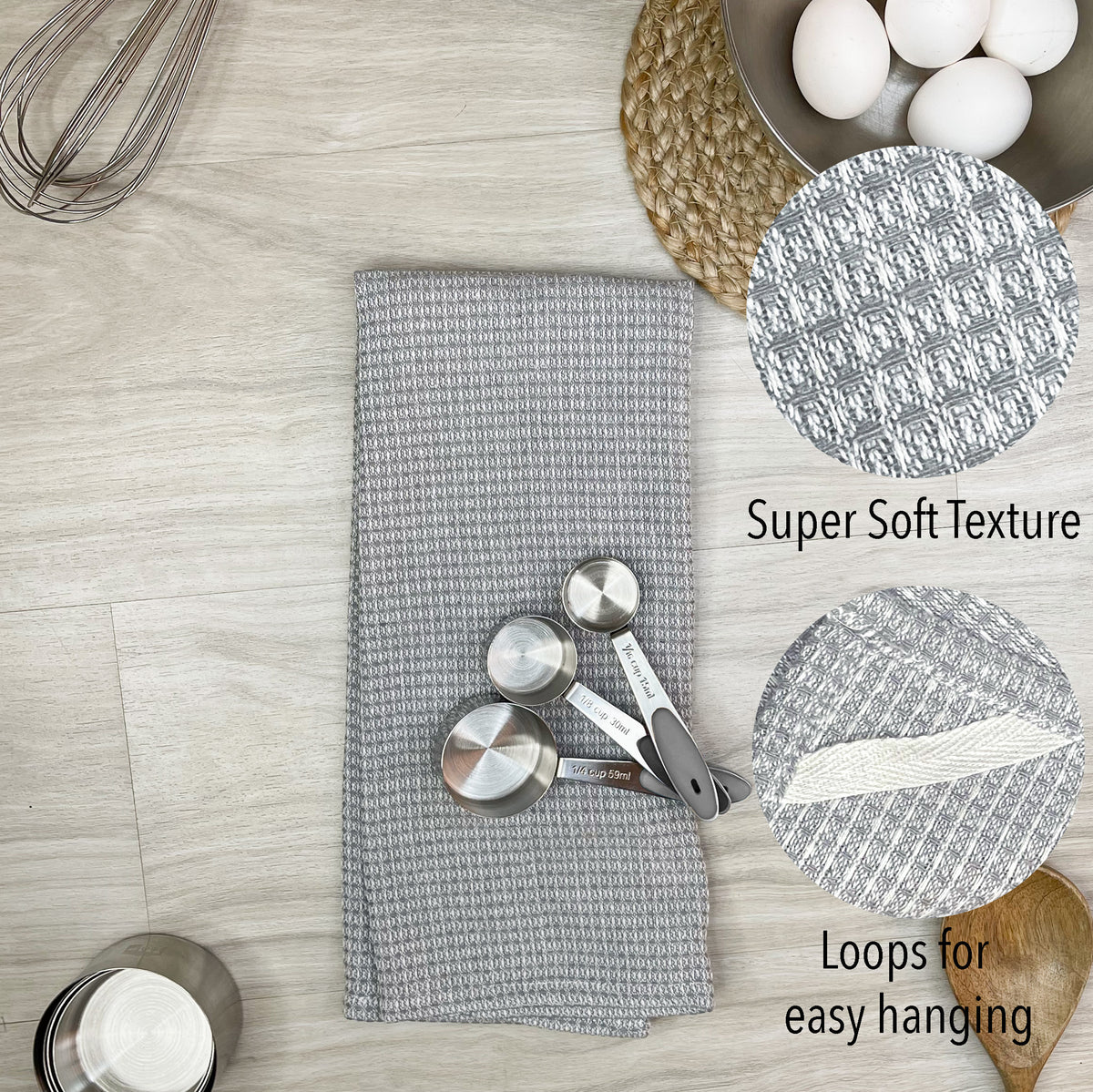 WAFFLE KITCHEN TOWELS SET OF 6, 18''x28'', Grey-White