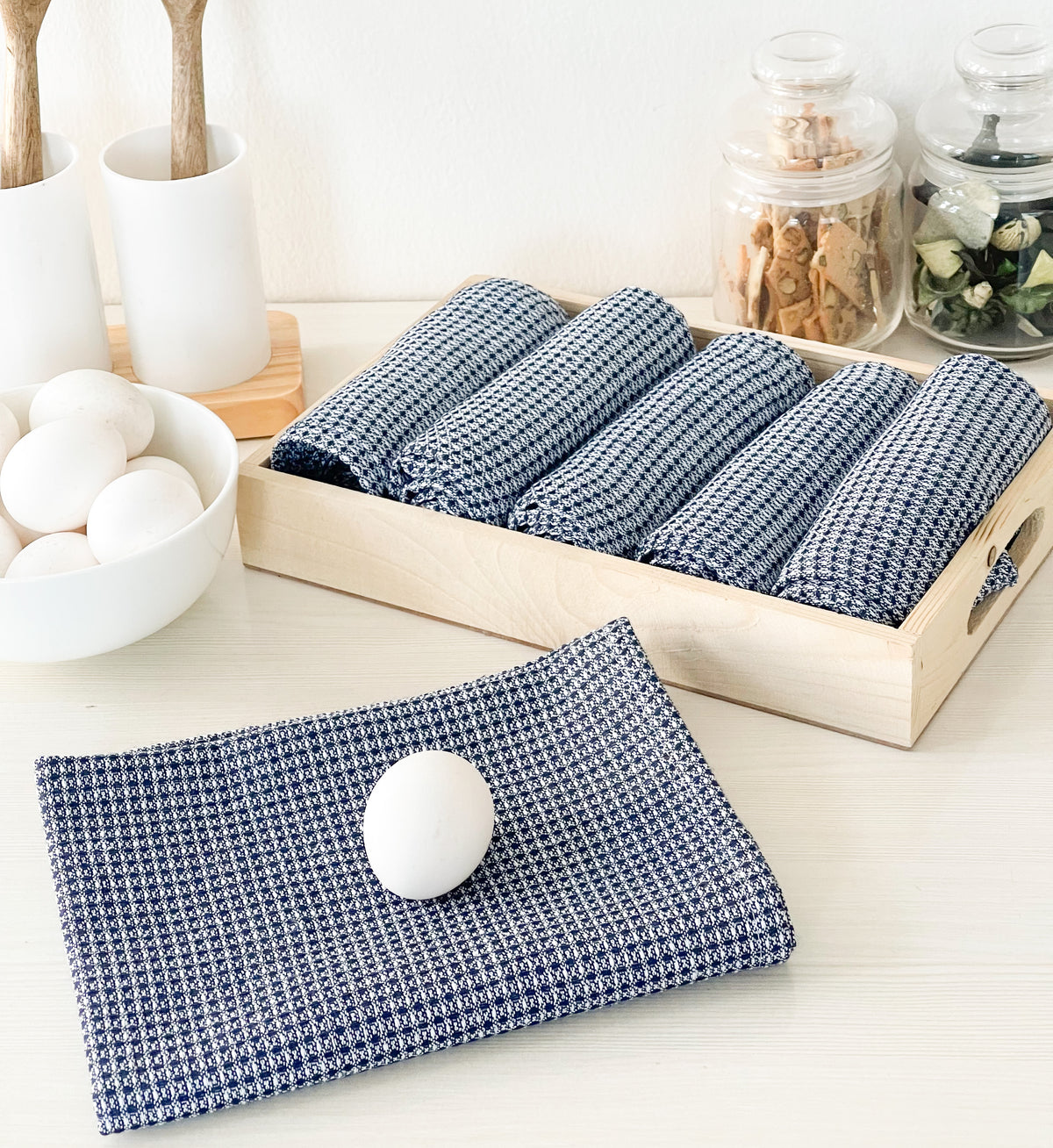 WAFFLE KITCHEN TOWELS SET OF 6, 18''x28'', Blue-White