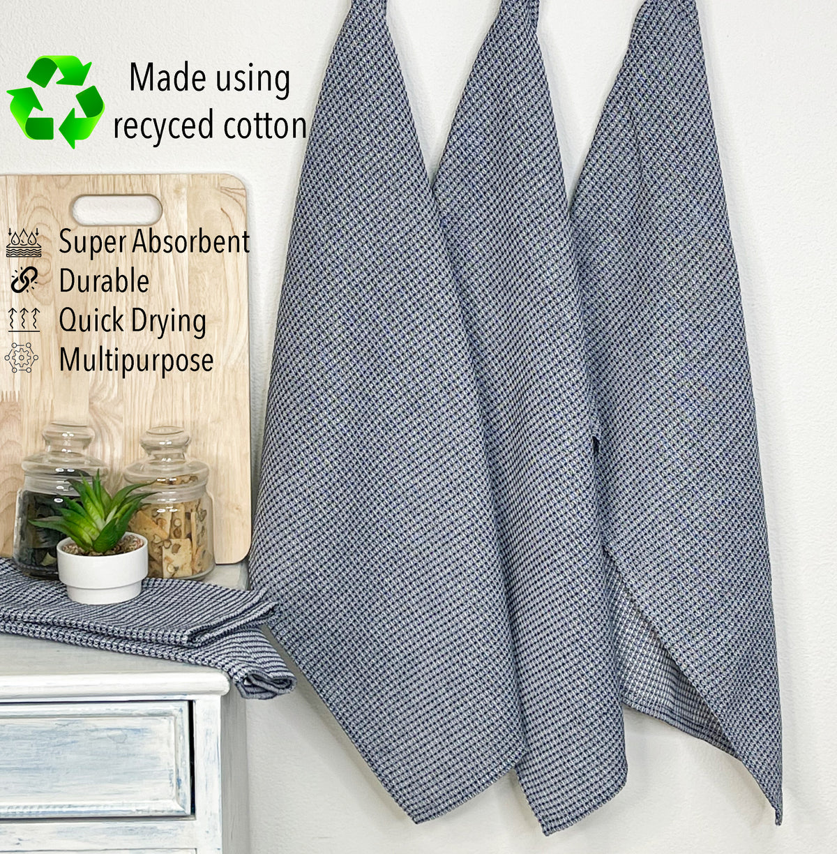 WAFFLE KITCHEN TOWELS SET OF 6, 18''x28'', Blue-White