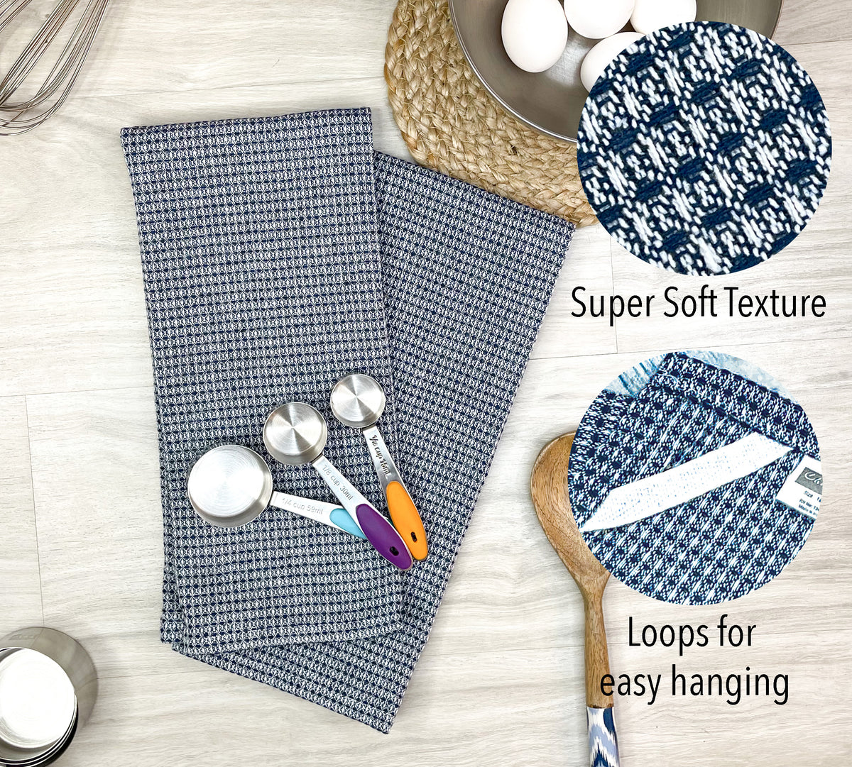 WAFFLE KITCHEN TOWELS SET OF 6, 18''x28'', Blue-White