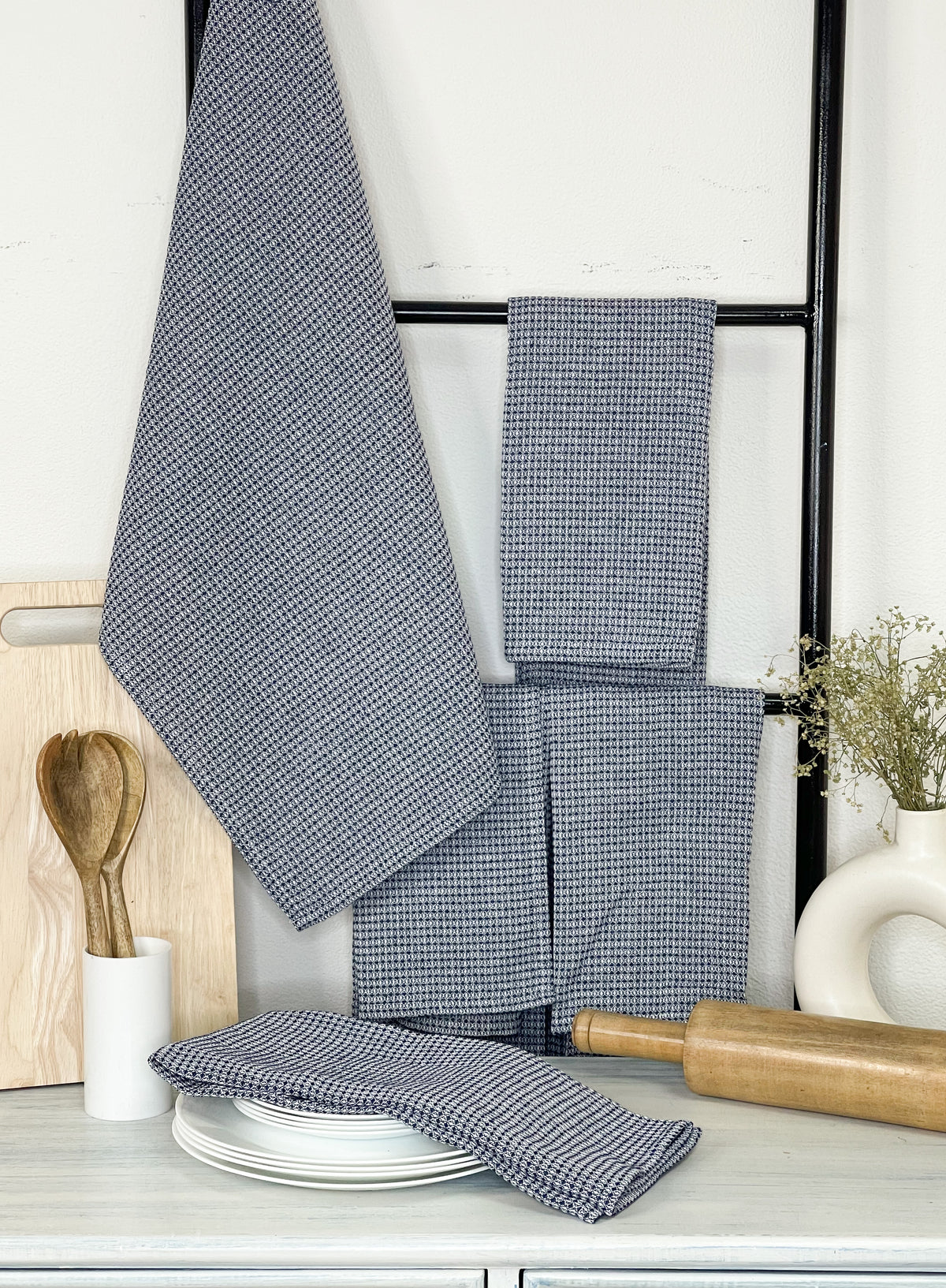 WAFFLE KITCHEN TOWELS SET OF 6, 18''x28'', Blue-White