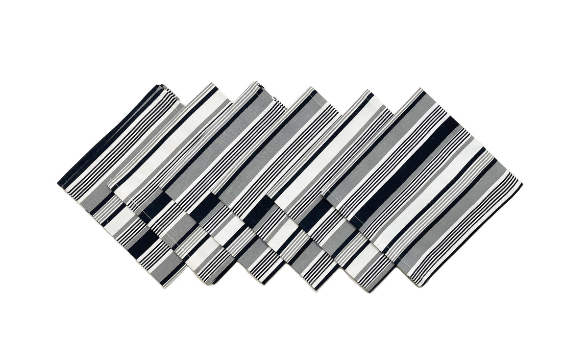 MOTLEY STRIPE NAPKIN SET OF 6, BLACK-GREY-WHITE, 18''x18''