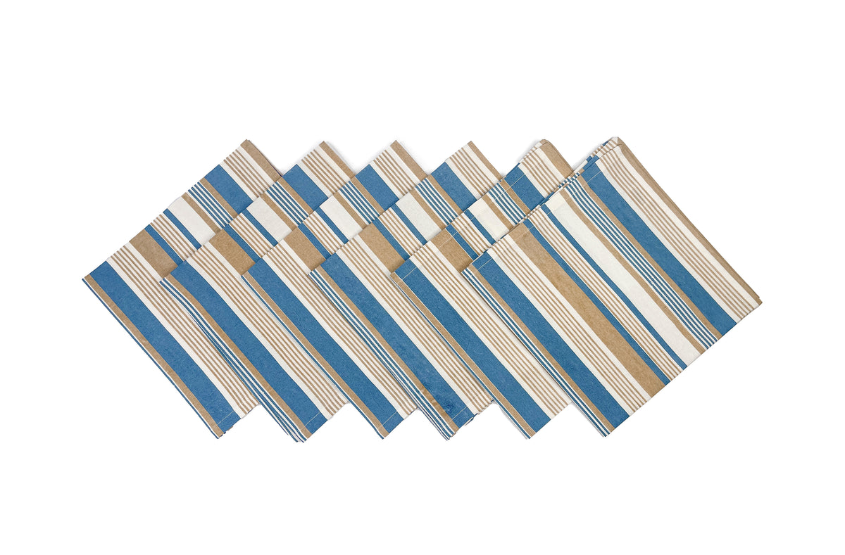 MOTLEY STRIPE NAPKIN SET OF 6, BEIGE-BLUE-WHITE, 18''x18''