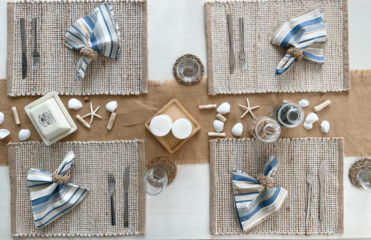 MOTLEY STRIPE NAPKIN SET OF 6, BEIGE-BLUE-WHITE, 18''x18''