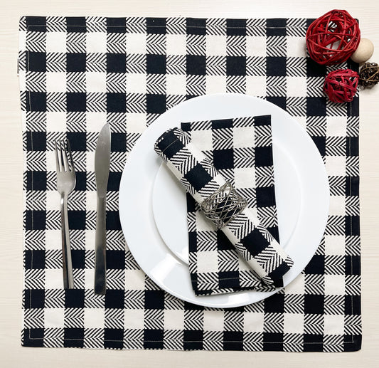 HERRINGBONE CHECKS NAPKIN SET OF 6, BLACK-IVORY, 18''x18''