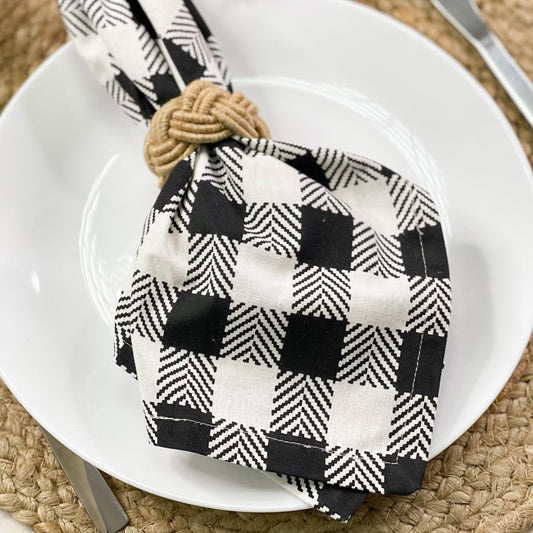 HERRINGBONE CHECKS NAPKIN SET OF 6, BLACK-IVORY, 18''x18''