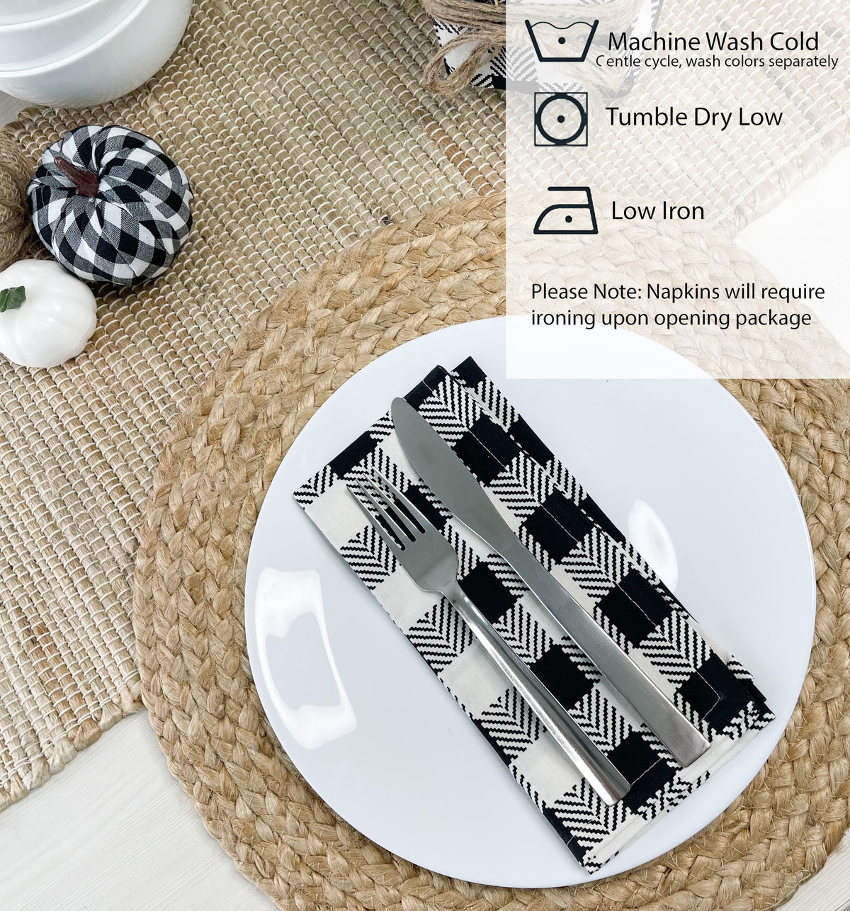 HERRINGBONE CHECKS NAPKIN SET OF 6, BLACK-IVORY, 18''x18''