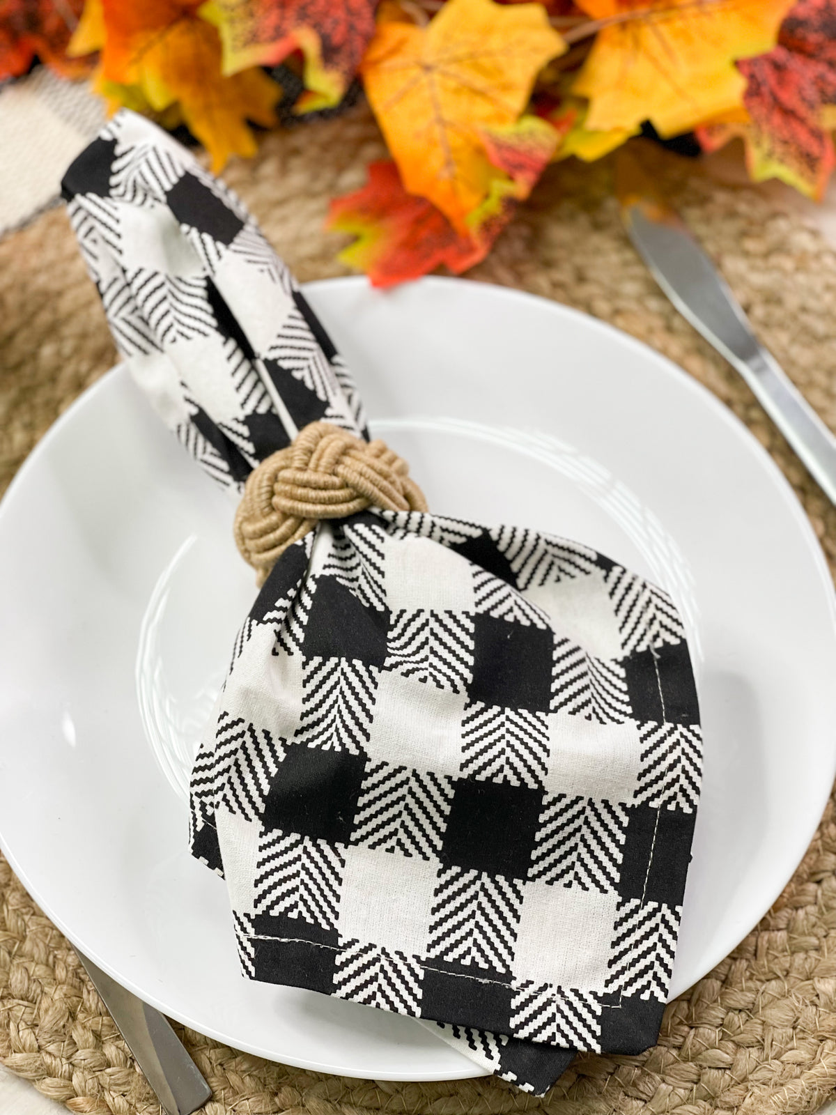 HERRINGBONE CHECKS NAPKIN SET OF 6, BLACK-IVORY, 18''x18''
