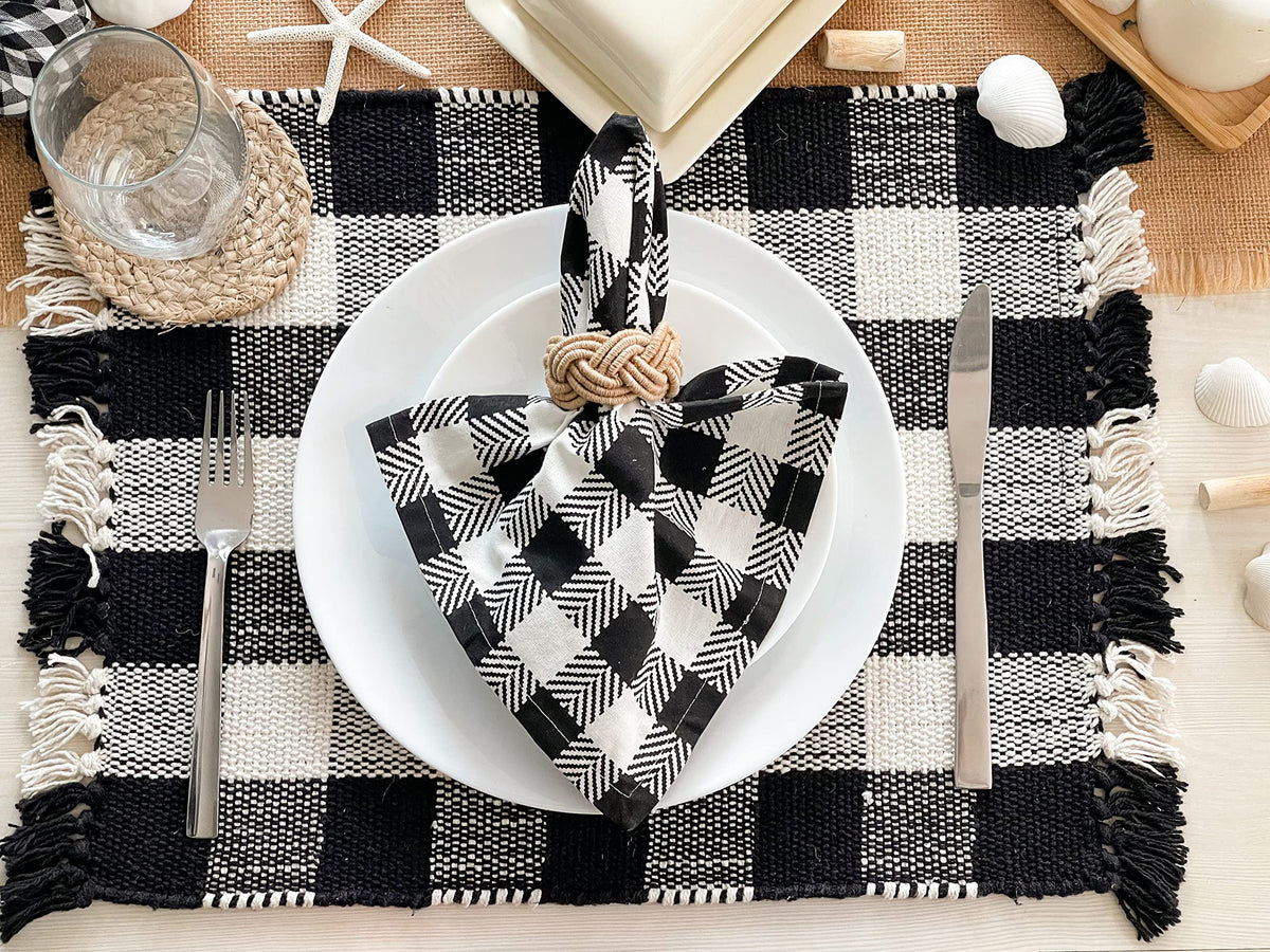 HERRINGBONE CHECKS NAPKIN SET OF 6, BLACK-IVORY, 18''x18''