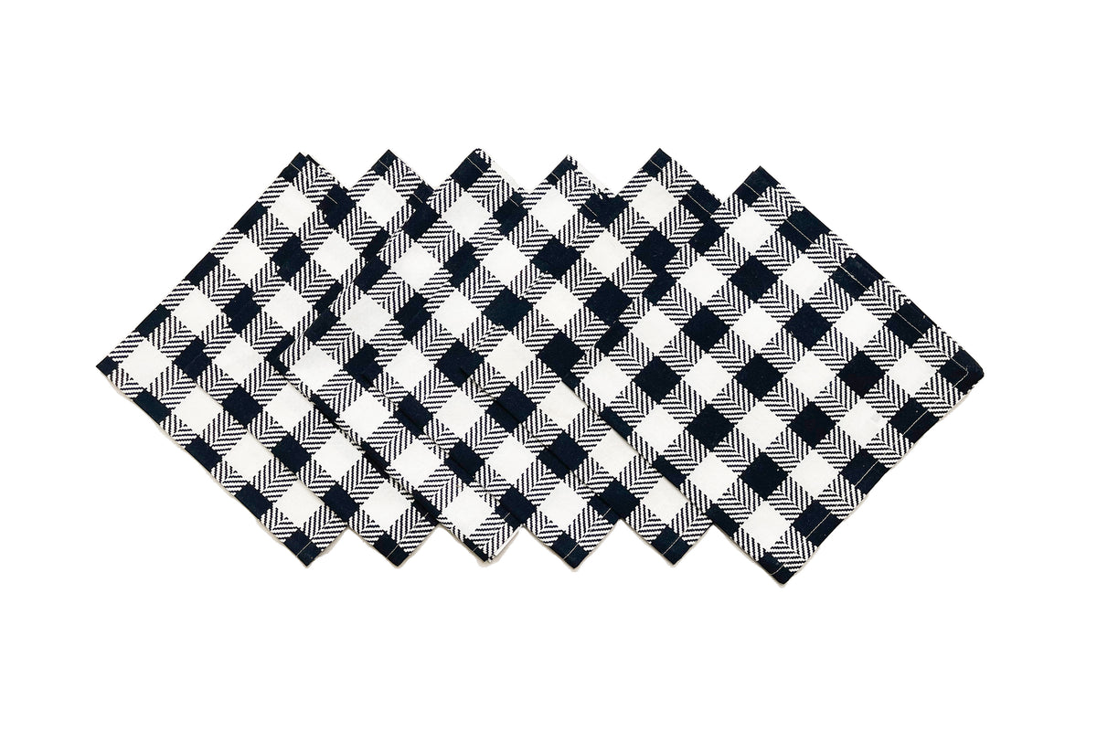 HERRINGBONE CHECKS NAPKIN SET OF 6, BLACK-IVORY, 18''x18''