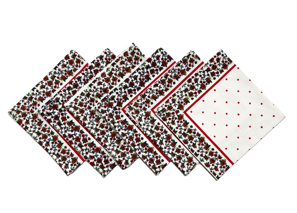 HOLLY NAPKIN SET OF 6, RED-WHITE-GREEN, 18''x18''