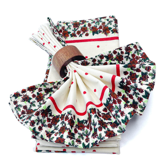 HOLLY NAPKIN SET OF 6, RED-WHITE-GREEN, 18''x18''