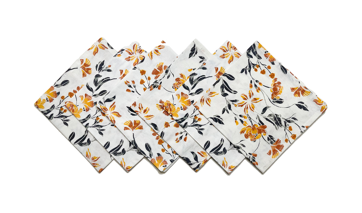 MARIGOLD NAPKIN SET OF 6, WHITE-GREY-ORANGE, 18''x18''