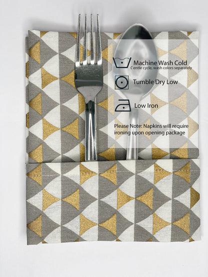 TRIANGLE NAPKIN SET OF 6, GREY-GOLD-WHITE, 18''x18''