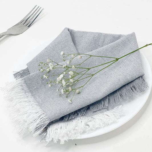 CHAMBRAY FRINGES NAPKINS SET OF 6-Grey-White, 18''x18''.