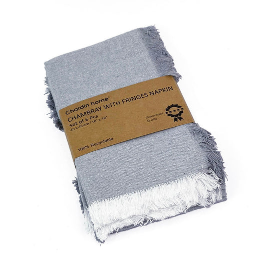 CHAMBRAY FRINGES NAPKINS SET OF 6-Grey-White, 18''x18''.