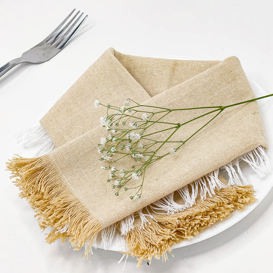 CHAMBRAY FRINGES NAPKINS SET OF 6-Beige-White, 18''x18''.