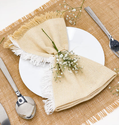 CHAMBRAY FRINGES NAPKINS SET OF 6-Beige-White, 18''x18''.