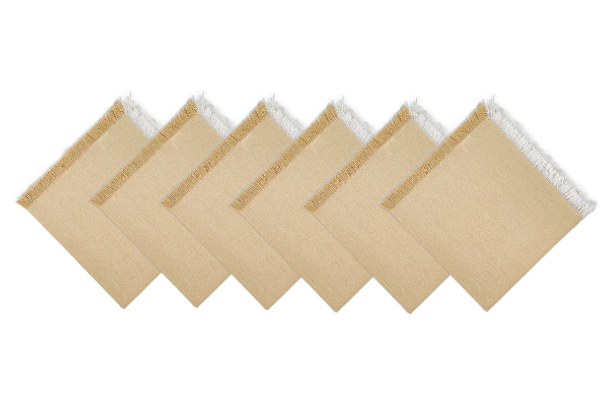 CHAMBRAY FRINGES NAPKINS SET OF 6-Beige-White, 18''x18''.