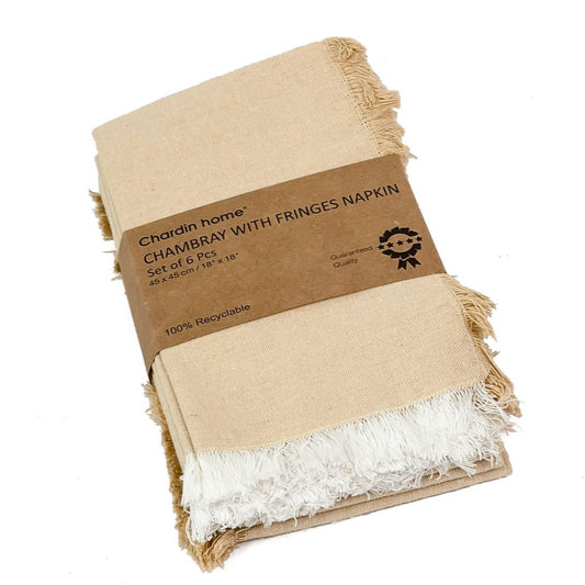 CHAMBRAY FRINGES NAPKINS SET OF 6-Beige-White, 18''x18''.