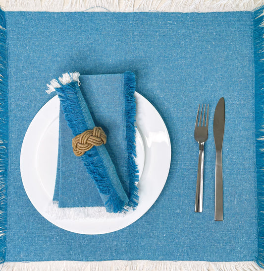 CHAMBRAY FRINGES NAPKINS SET OF 6-Turq-White, 18''x18''.
