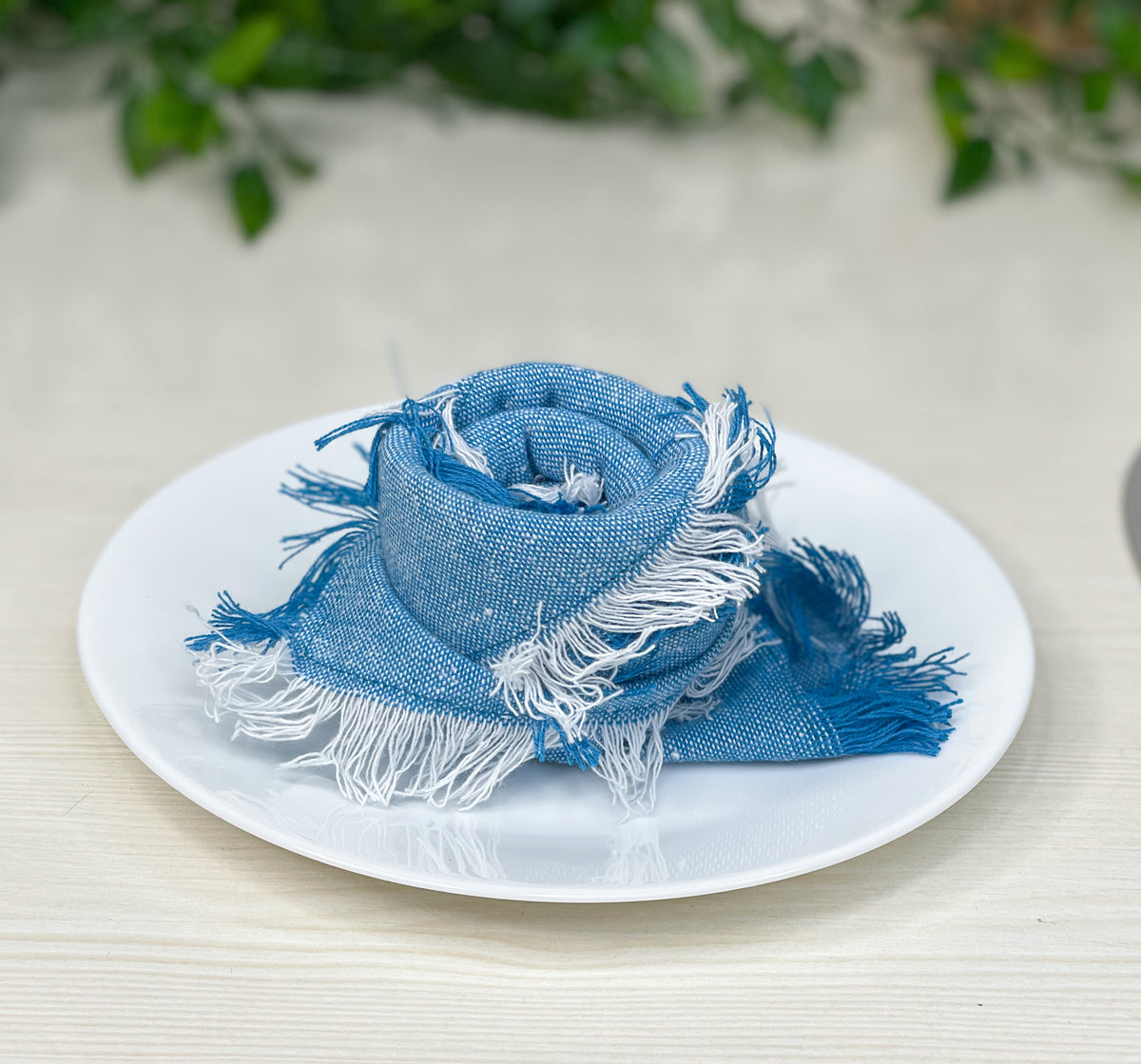 CHAMBRAY FRINGES NAPKINS SET OF 6-Turq-White, 18''x18''.