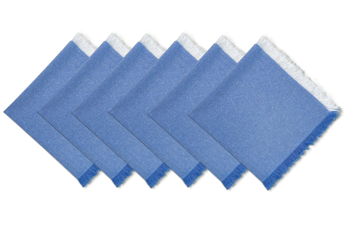 CHAMBRAY FRINGES NAPKINS SET OF 6-Blue-White, 18''x18''.