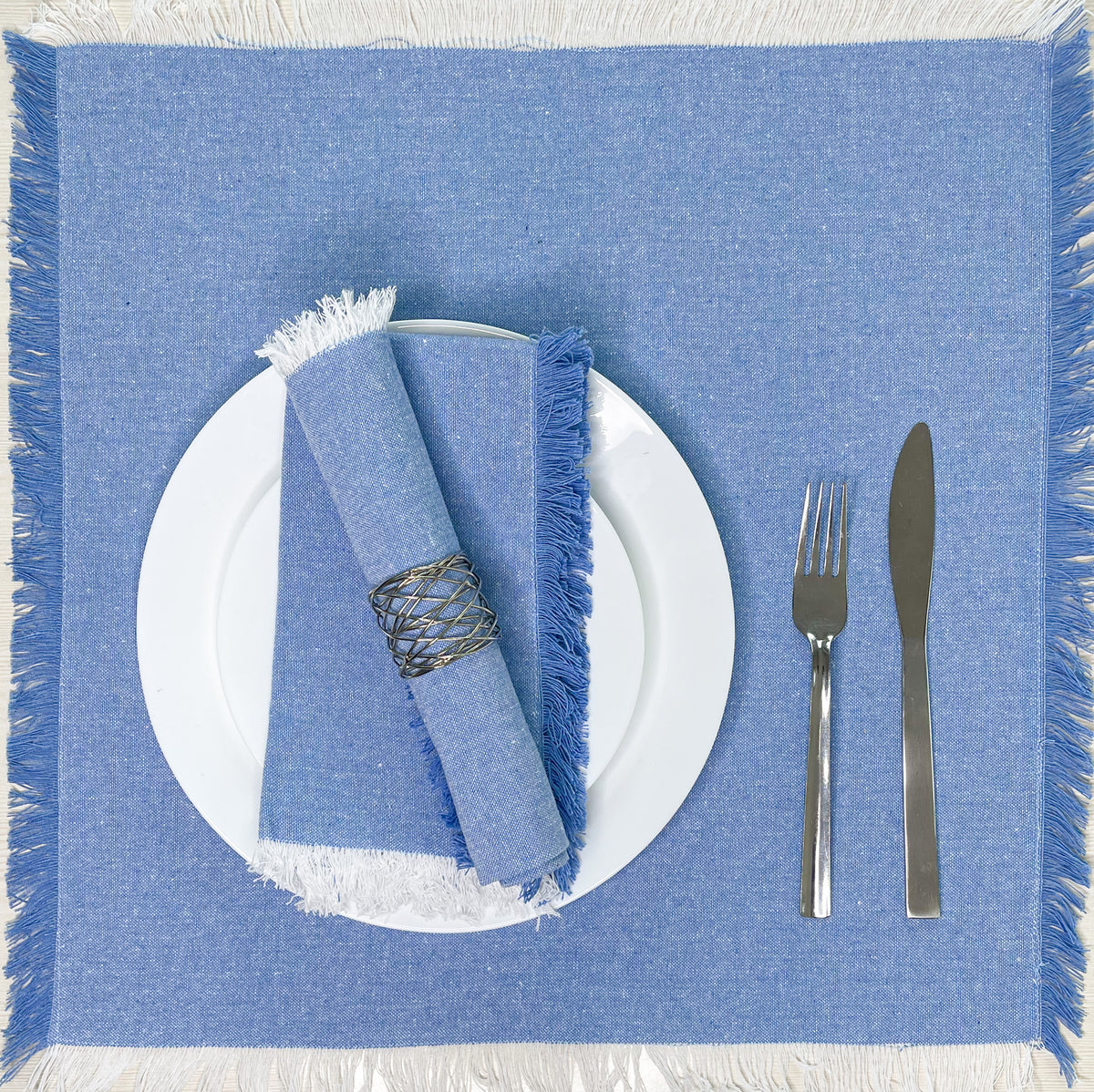 CHAMBRAY FRINGES NAPKINS SET OF 6-Blue-White, 18''x18''.