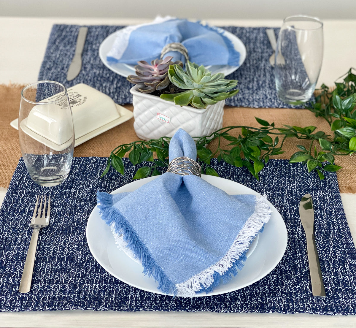 CHAMBRAY FRINGES NAPKINS SET OF 6-Blue-White, 18''x18''.