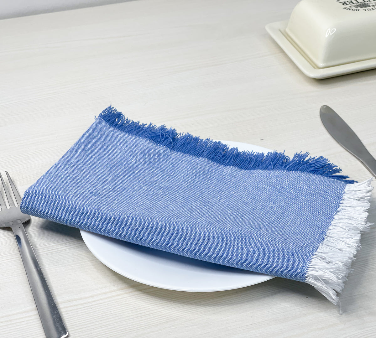 CHAMBRAY FRINGES NAPKINS SET OF 6-Blue-White, 18''x18''.