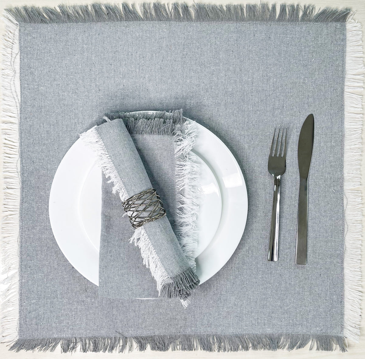 CHAMBRAY W. FRINGES NAPKINS SET OF 12, 18''x18'', Grey-White